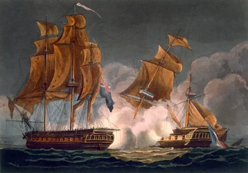 La Tribune elfoglalása, 1796. június 8., Thomas Sutherland metszete J. Jenkins "Naval Achievements" című művéhez, 1816 (színes metszet).